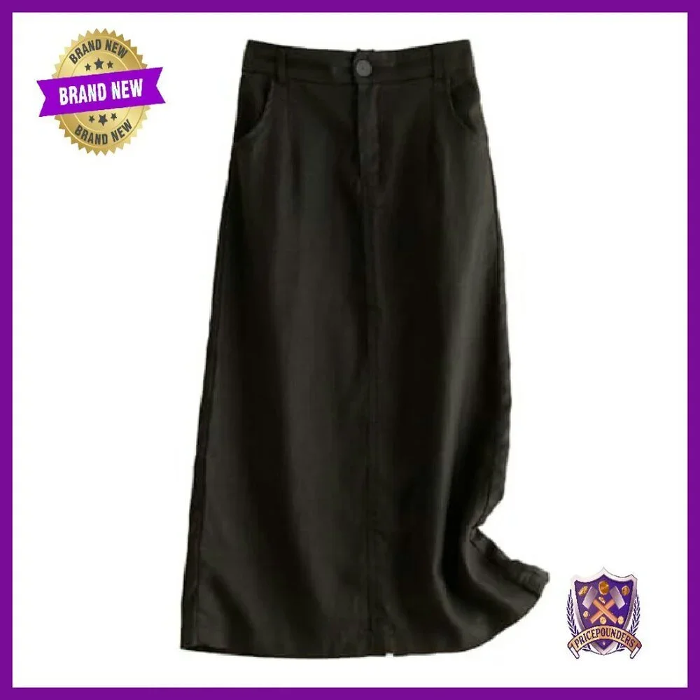 Cotton Linen Midi Skirt with Pockets, Elastic Waist, Back Slit